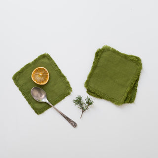 Christmas Green Linen Coasters with Fringe Set of 4 