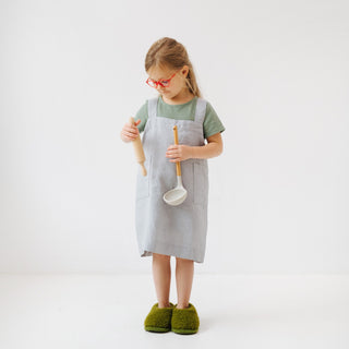 Light Grey Kids Washed Linen Pinafore Apron with Ladle and Rolling Pin 