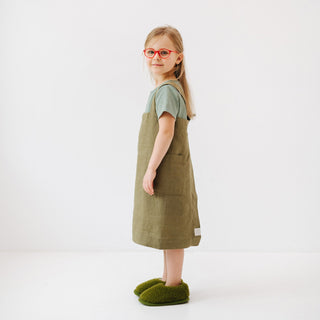 Martini Olive Kids Washed Linen Pinafore Apron Side View 3