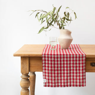 Red Gingham Linen Table Runner 