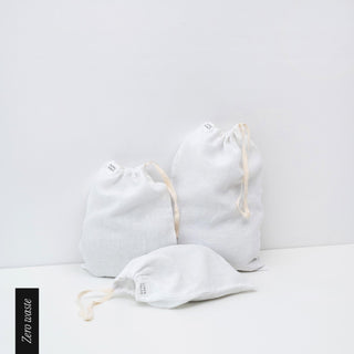 Zero Waste White Linen Drawstring Bags Set of 3 1