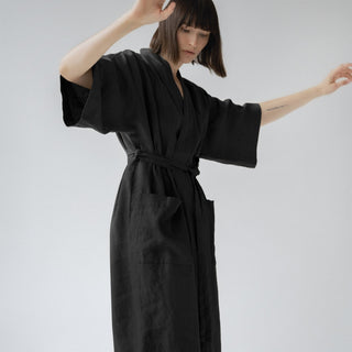 Black Linen Summer Bathrobe - Linen Tales 3