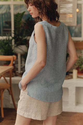 Blue White Stripes Linen Daffodil Top - Linen Tales 