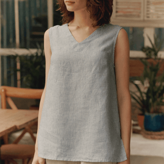 Blue White Stripes Linen Daffodil Top - Linen Tales 