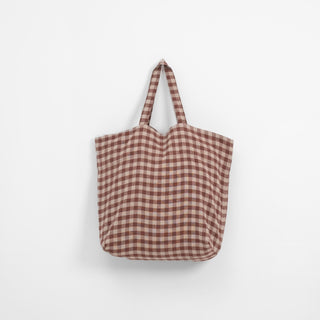 Chocolate Gingham Linen Big Bag - Linen Tales USA 
