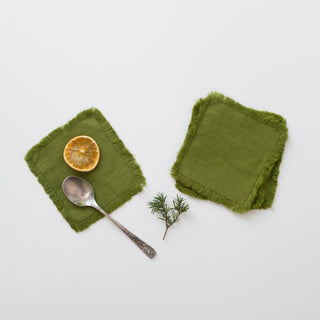 Christmas Green Linen Coasters with Fringes Set of 4 - Linen Tales USA 2