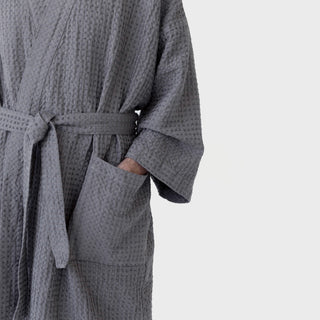 Dark Grey Linen & Cotton Honeycomb Waffle Bathrobe - Linen Tales 4