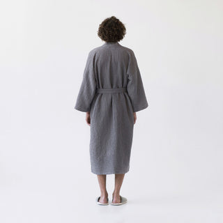 Dark Grey Linen & Cotton Honeycomb Waffle Bathrobe - Linen Tales 5