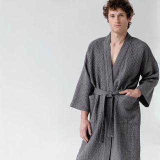 Dark Grey Linen & Cotton Honeycomb Waffle Bathrobe - Linen Tales 7
