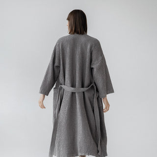 Dark Grey Linen & Cotton Honeycomb Waffle Bathrobe - Linen Tales 