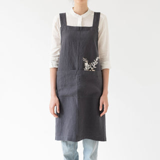 Dark Grey Linen Crossback Apron - Linen Tales 3