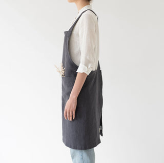 Dark Grey Linen Crossback Apron - Linen Tales 4