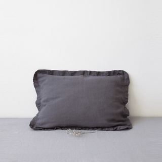 Dark Grey Linen Pillowcase with Frills - Linen Tales USA 