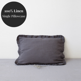 Dark Grey Linen Pillowcase with Frills 