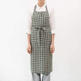 Forest Green Gingham Linen Chef Apron - Linen Tales 