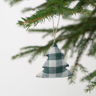 Forest Green Gingham Linen Christmas Tree Decorations Set of 4 - Linen Tales USA 