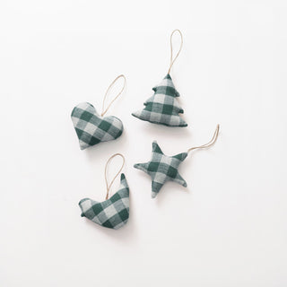 Forest Green Gingham Linen Christmas Tree Decorations Set of 4 - Linen Tales USA 