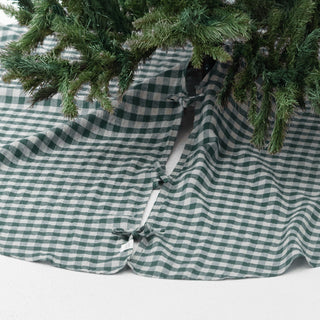 Forest Green Gingham Linen Christmas Tree Skirt - Linen Tales USA 