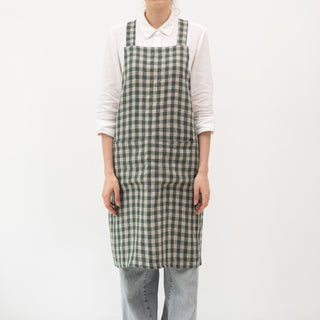 Forest Green Gingham Linen Crossback Apron - Linen Tales 