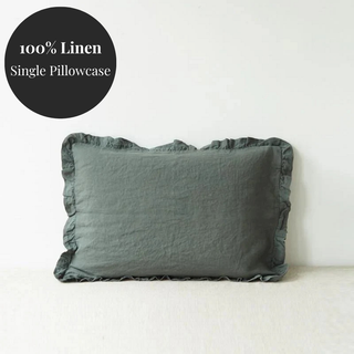 Forest Green Linen Pillowcase with Frills 