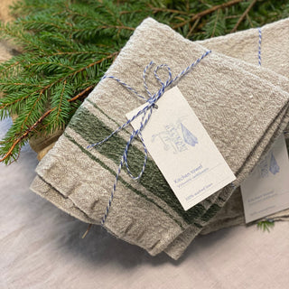 Green Stripe Vintage Linen Kitchen Towel - Linen Tales USA 