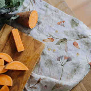 Leaves on Natural Linen Kitchen Towel - Linen Tales USA 