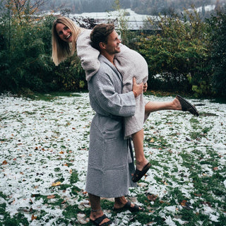 Light Grey Linen & Cotton Honeycomb Waffle Bathrobe - Linen Tales 