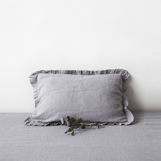 Light Grey Linen Pillowcase with Frills - Linen Tales USA 
