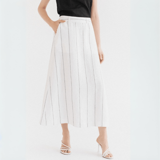 Milk White with Grey Stripe Linen Jasmine Skirt - Linen Tales 