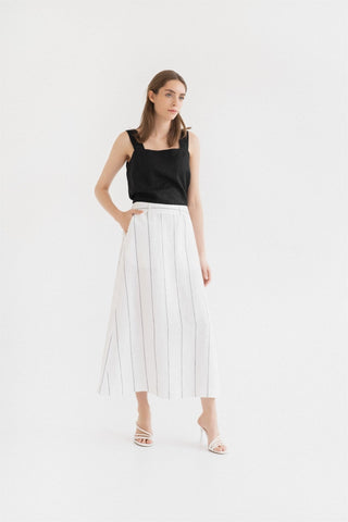 Milk White with Grey Stripe Linen Jasmine Skirt - Linen Tales 