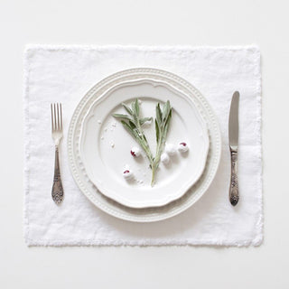 Optical White Linen Placemat with Fringes - Linen Tales USA 