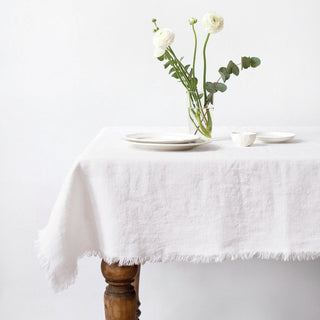 Optical White Linen Table Runner with Fringes - Linen Tales USA 