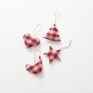 Red Gingham Linen Christmas Tree Decorations Set of 4 - Linen Tales USA 