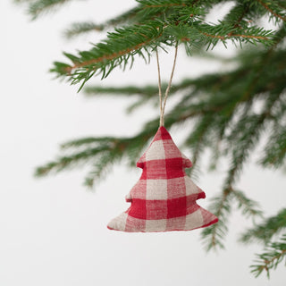 Red Gingham Linen Christmas Tree Decorations Set of 4 - Linen Tales USA 