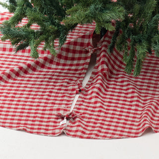 Red Gingham Linen Christmas Tree Skirt - Linen Tales USA 