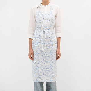 White Botanical Blue Linen Chef Apron - Linen Tales 