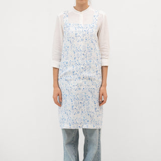 White Botanical Blue Linen Crossback Apron - Linen Tales 1