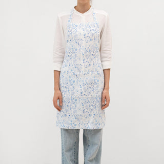 White Botanical Blue Linen Daily Apron - Linen Tales 1