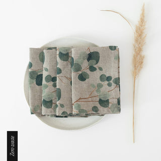 Zero Waste Eucalyptus on Natural Linen Napkins Set of 4 - Linen Tales 
