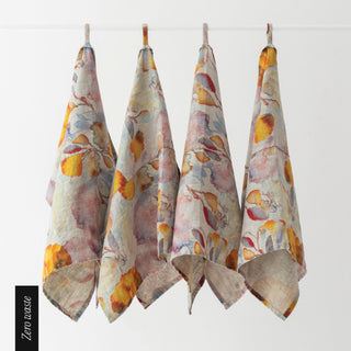 Zero Waste Orange Flow on Natural Linen Kitchen Towels Set of 4 - Linen Tales 
