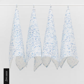 Zero Waste White Botanical Blue Linen Kitchen Towels Set of 4 - Linen Tales 