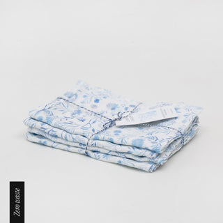 Zero Waste White Botanical Blue Linen Kitchen Towels Set of 4 - Linen Tales 