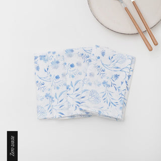 Zero Waste White Botanical Blue Linen Napkins Set of 4 - Linen Tales 