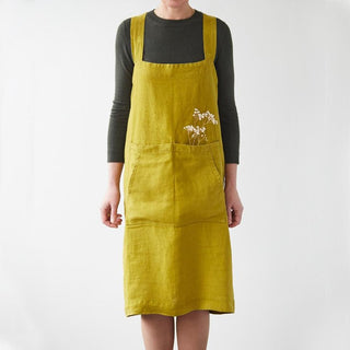 Moss Green Washed Linen Pinafore Apron 