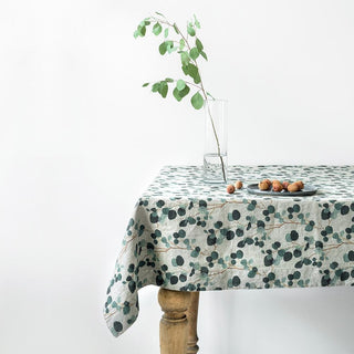 Natural Eucalyptus Print Washed Linen Tablecloth 