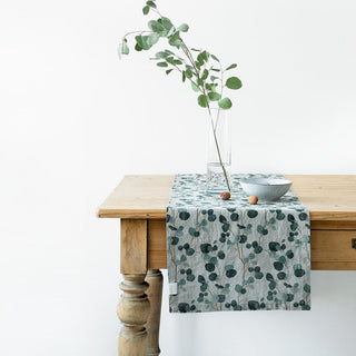 Natural Eucalyptus Print Washed Linen Table Runner 