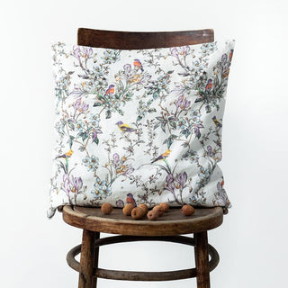 Birds Print Washed Linen Cushion Cover 