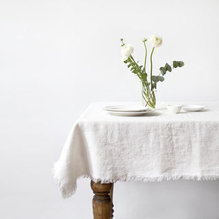 White Washed Linen Tablecloth with Fringes 
