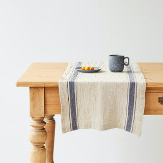 Vintage Blue Stripe Washed Linen Table Runner 