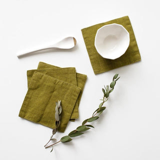Set of 4 Moss Green Washed Linen Coasters 